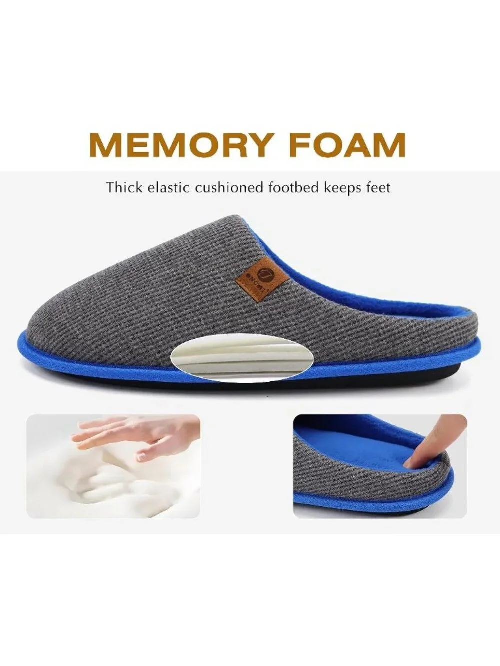 Mens Grey And Blue Cushion Foam Shake Fleece Faux Fur Lining House Slipper Shoes